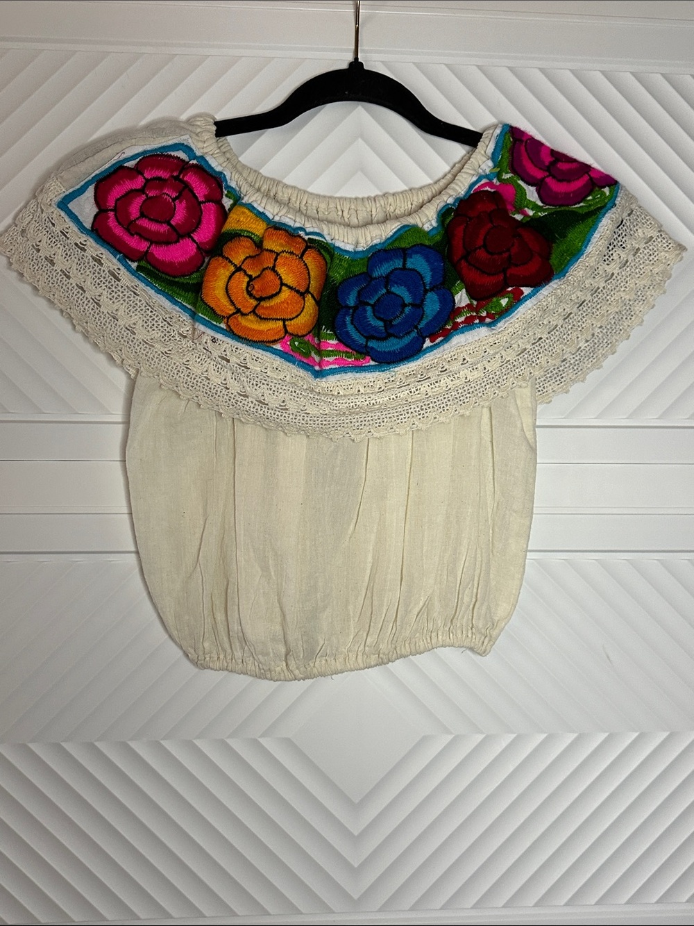Embroidered Off-Shoulder Crop Top - Cream with Multicolor Floral Yoke
